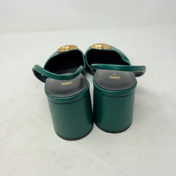 Zara Emerald Green Leather Slingback Block Heel Gold Shell Square Toe Pumps 41 - Picture 6 of 10